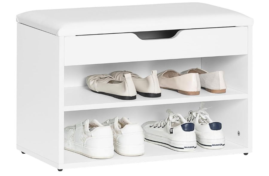 Shoe Storage Bench with Flip Top and Cushion Seat: White Entryway Bench with Two-Tier Shoe Rack, Hidden Compartment for Shoes