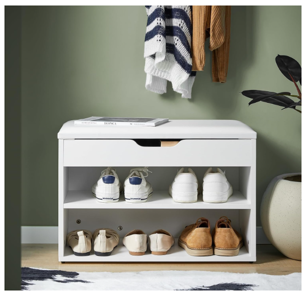 Shoe Storage Bench with Flip Top and Cushion Seat: White Entryway Bench with Two-Tier Shoe Rack, Hidden Compartment for Shoes