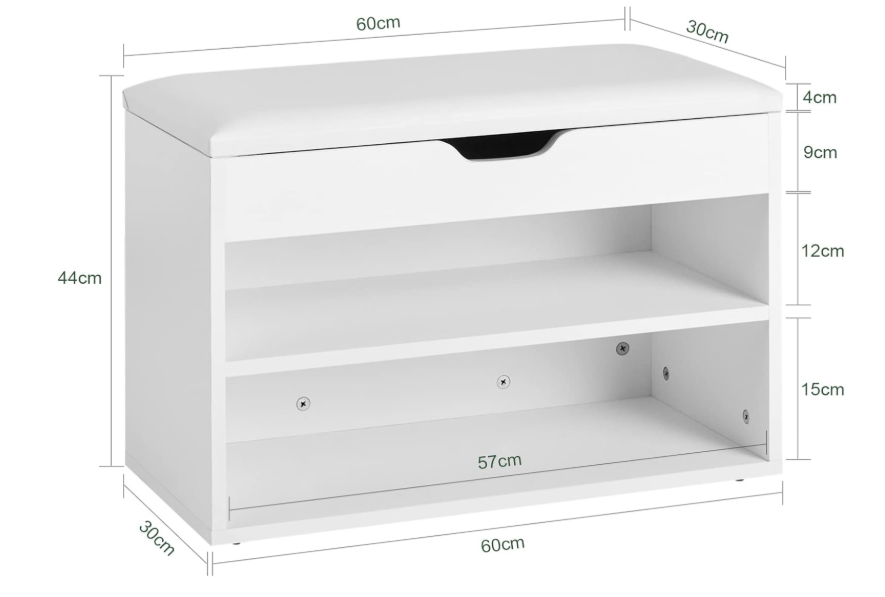 Shoe Storage Bench with Flip Top and Cushion Seat: White Entryway Bench with Two-Tier Shoe Rack, Hidden Compartment for Shoes