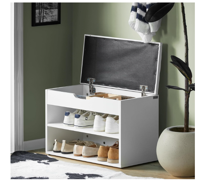 Shoe Storage Bench with Flip Top and Cushion Seat: White Entryway Bench with Two-Tier Shoe Rack, Hidden Compartment for Shoes