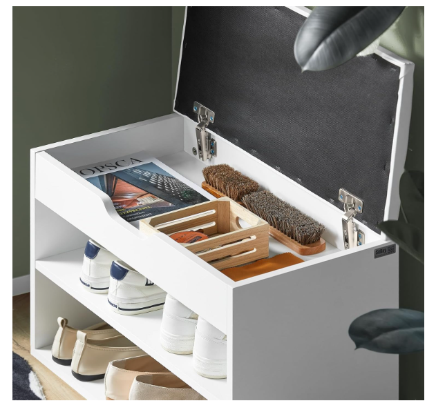 Shoe Storage Bench with Flip Top and Cushion Seat: White Entryway Bench with Two-Tier Shoe Rack, Hidden Compartment for Shoes