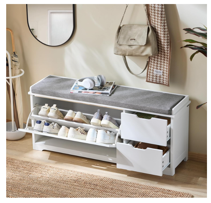 Shoe Bench with Seat Cushion and 2 Doors Hallway Storage Bench