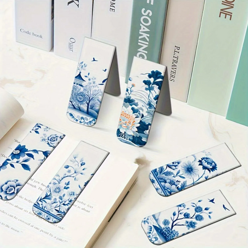 12Pcs White Blue Ceramic Style Magnetic Bookmark Set Various Patterns Paper Page Marker Clip Reading Accessories