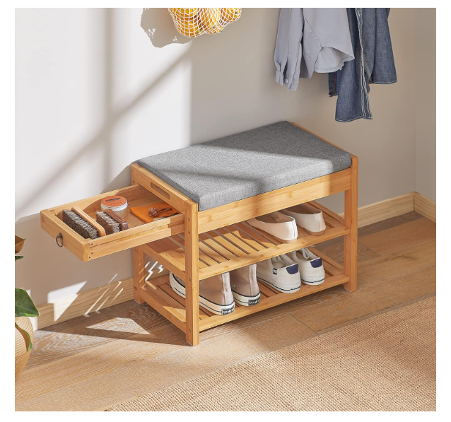 Bamboo Shoe Rack Bench with Lift Up Top and Seat Cushion Shoe Storage Bench Organizer