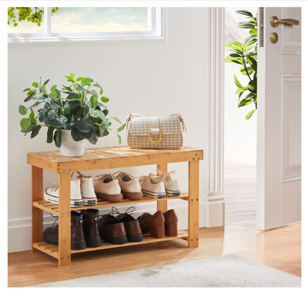 Bamboo Shoe Rack Bench, 3-Tier Shoe Shelf Organizer Holds up to 300 lbs