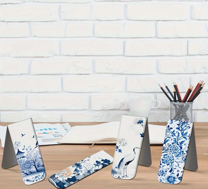 12Pcs White Blue Ceramic Style Magnetic Bookmark Set Various Patterns Paper Page Marker Clip Reading Accessories