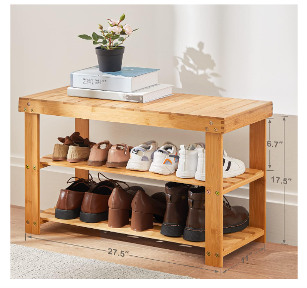 Bamboo Shoe Rack Bench, 3-Tier Shoe Shelf Organizer Holds up to 300 lbs
