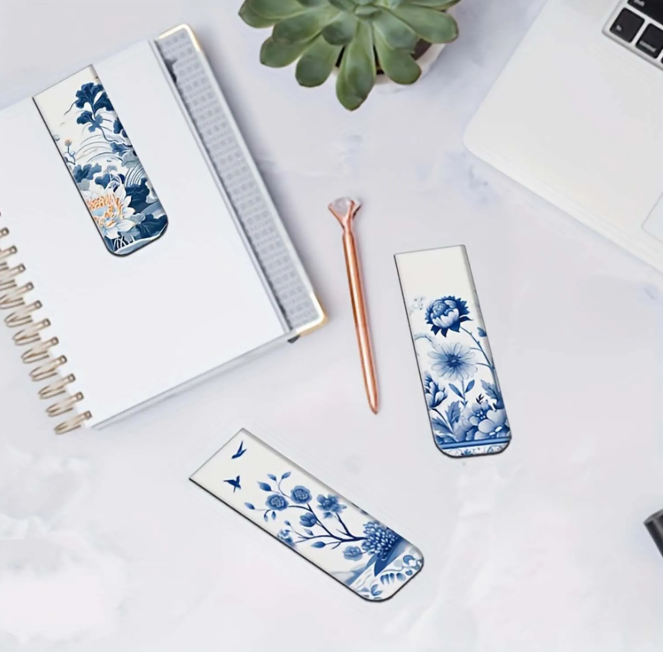 12Pcs White Blue Ceramic Style Magnetic Bookmark Set Various Patterns Paper Page Marker Clip Reading Accessories