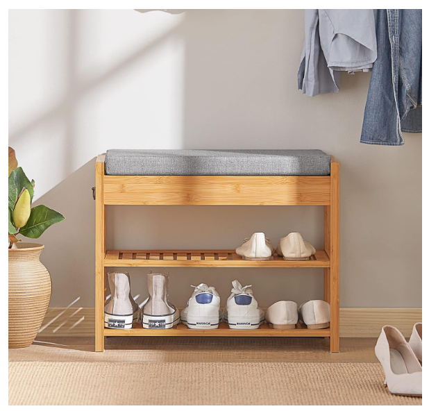 Bamboo Shoe Rack Bench with Lift Up Top and Seat Cushion Shoe Storage Bench Organizer