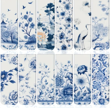 12Pcs White Blue Ceramic Style Magnetic Bookmark Set Various Patterns Paper Page Marker Clip Reading Accessories