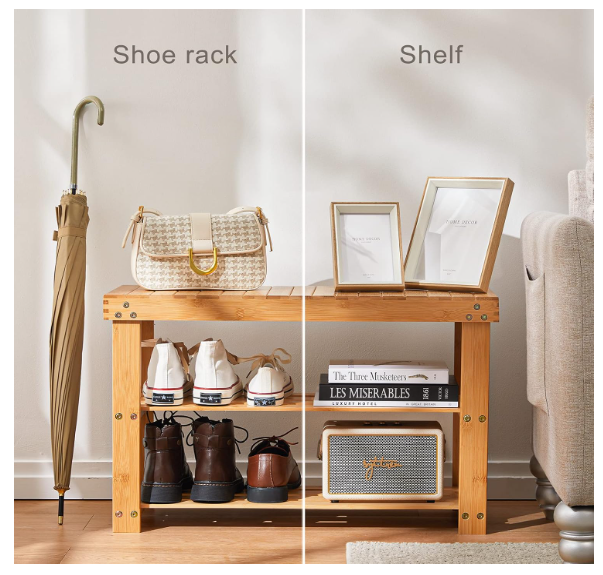 Bamboo Shoe Rack Bench, 3-Tier Shoe Shelf Organizer Holds up to 300 lbs